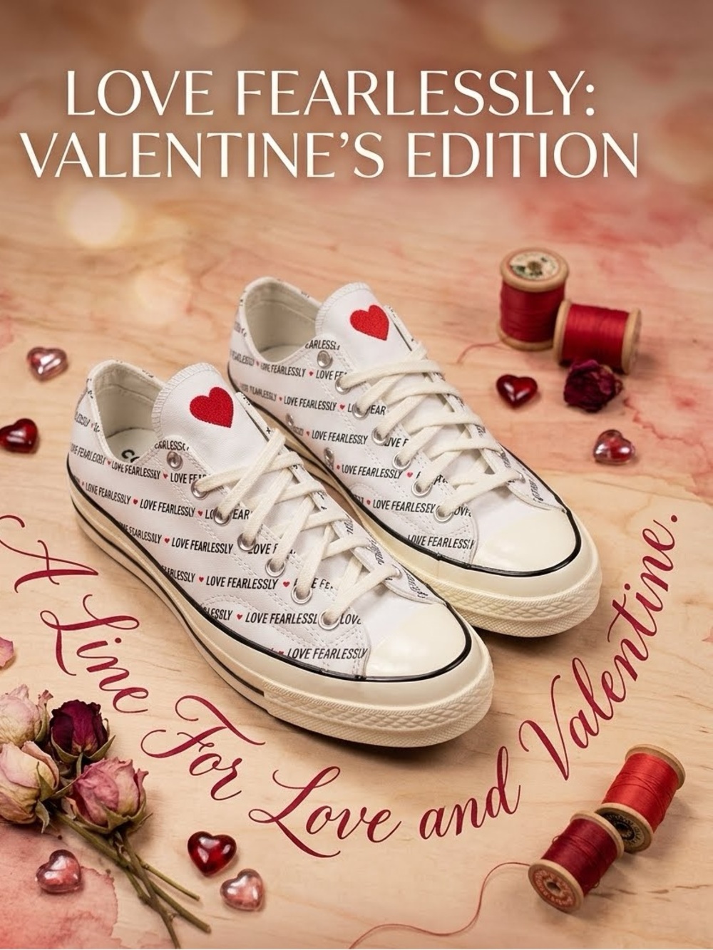 Converse Women's White Low-Top Sneakers with Red Heart love fearlessly new NWOB - Picture 2 of 12
